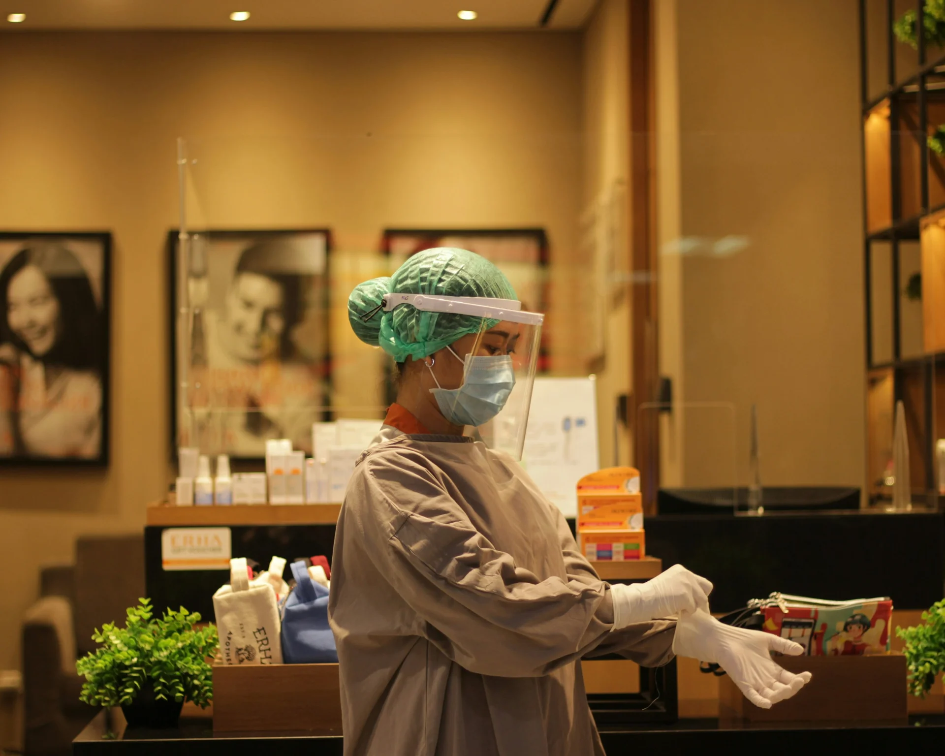 Medical facility cleaning professional at work
